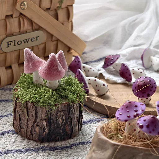 Handmade speckle mushroom resin clay fridge magnets in purple scattered on wooden board with wicker basket and lace cloth – Sylva Garden