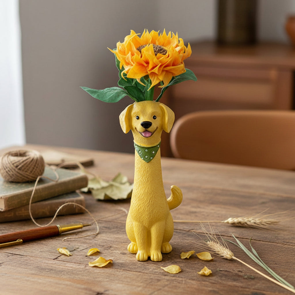 Handmade resin clay sunflower in yellow dog-shaped ceramic vase on wooden desk with wheat stalks and twine, natural light lifestyle view – Sylva Garden