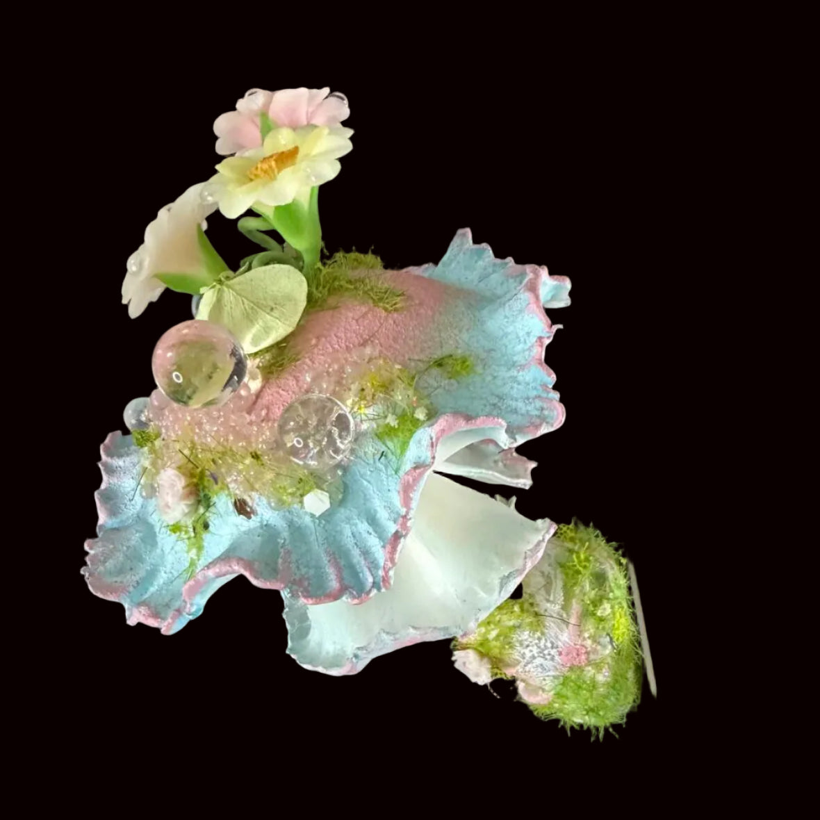 Handmade bloom veil fairy mushroom resin clay magnet showing ruffled pastel cap floral accents and moss base from angled overhead view, cutout – Sylva Garden