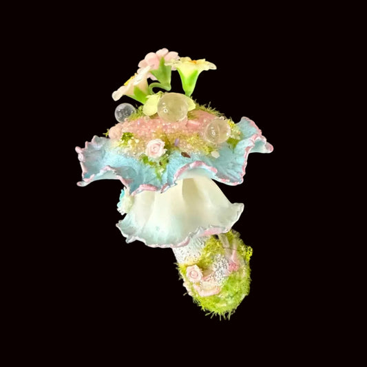 Handmade bloom veil fairy mushroom resin clay magnet showing ruffled pastel cap top with daisy rose and crystal ball details, cutout view – Sylva Garden
