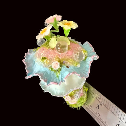 Handmade bloom veil fairy mushroom resin clay magnet showing ruffled cap top with floral and crystal ball accents, overhead view with ruler approx 3 inches – Sylva Garden