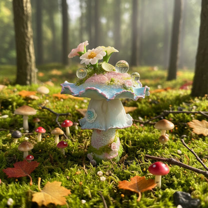 Handmade bloom veil fairy mushroom resin clay magnet with ruffled pastel cap and floral accents in enchanted forest setting – Sylva Garden