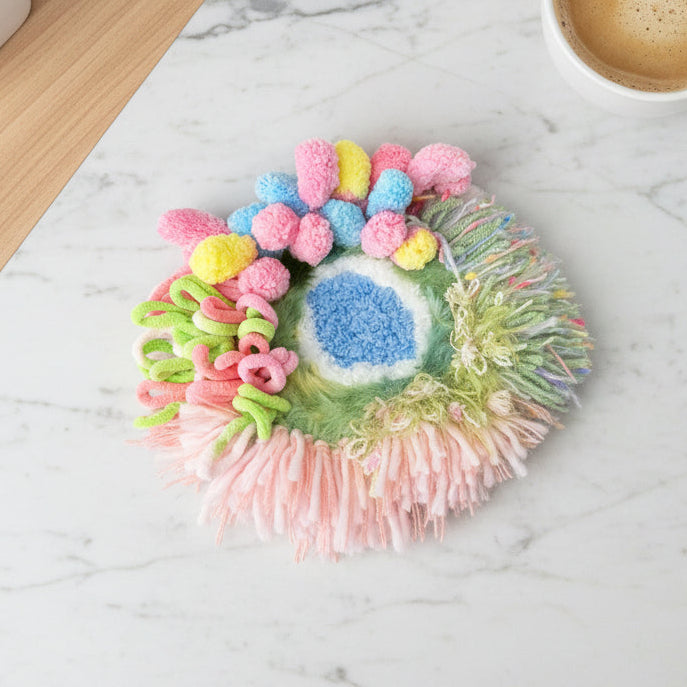 Handmade Blossom Puddle pastel pom-pom crochet coaster with blue center pink yellow green pom-poms and curly yarn accents, overhead view on white marble surface with coffee cup – Sylva Garden