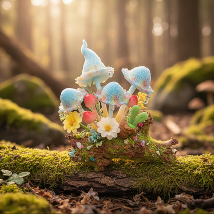 Handmade blue glitter mushroom cluster resin clay magnet on mossy log in enchanted sunlit forest setting – Sylva Garden
