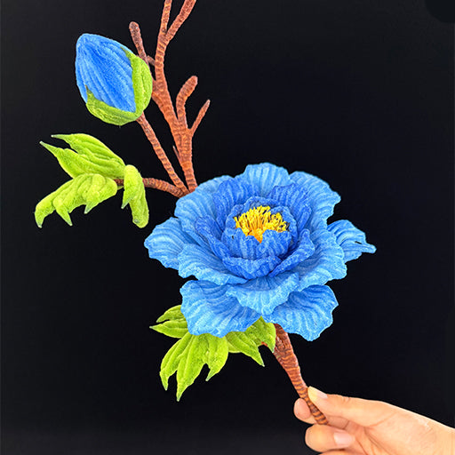 Blue pipe cleaner peony single stem — open bloom, handcrafted chenille wire faux flower decor