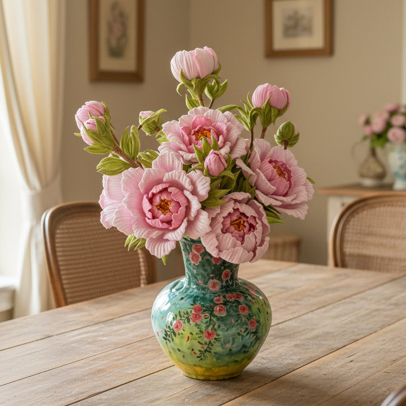 Handmade pipe cleaner pink peony bouquet with buds and green leaves in floral painted ceramic vase, lifestyle view on rustic wooden dining table – Sylva Garden