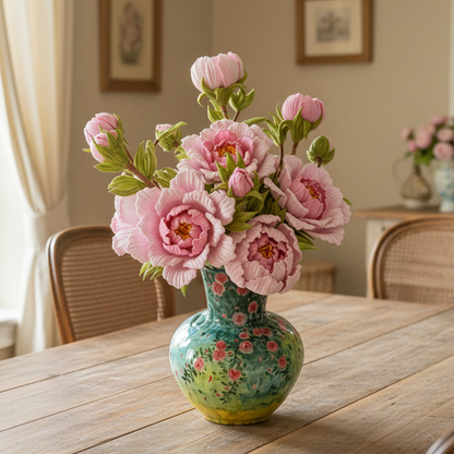 Handmade pipe cleaner pink peony bouquet with buds and green leaves in floral painted ceramic vase, lifestyle view on rustic wooden dining table – Sylva Garden