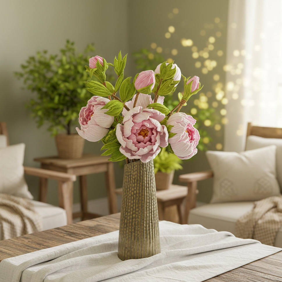 Handmade pipe cleaner pink peony bouquet with buds and green leaves in ribbed metallic vase, lifestyle view in bright modern living room – Sylva Garden