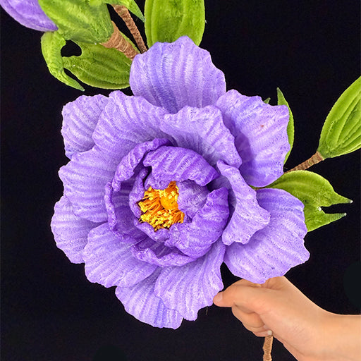 Purple pipe cleaner peony single stem — open bloom, handcrafted chenille wire cottagecore decor