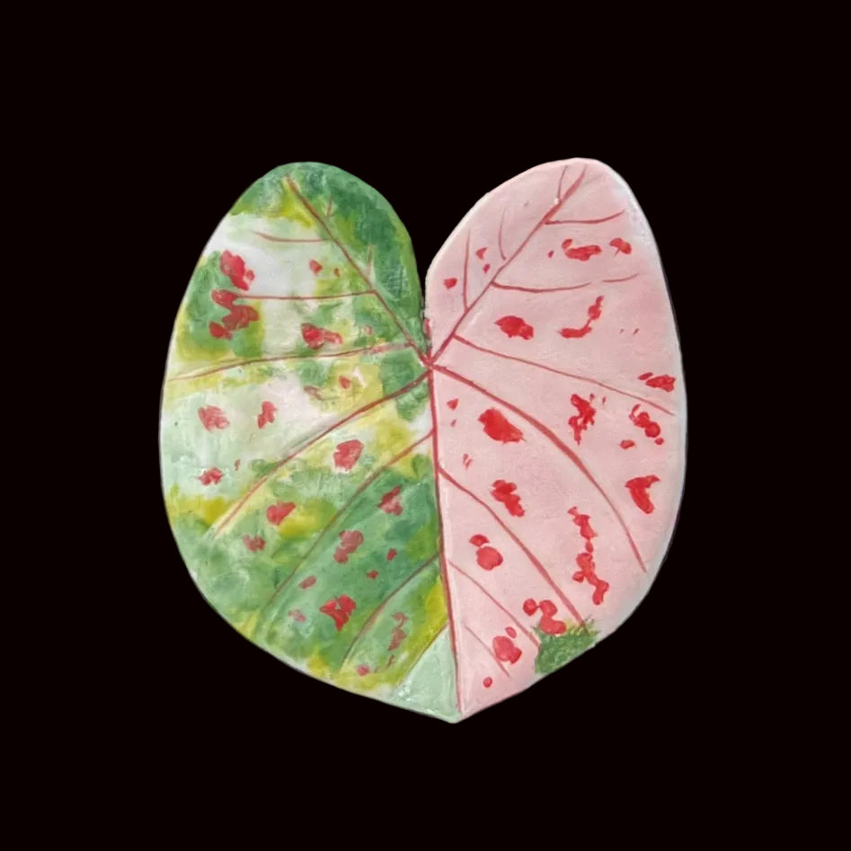 Handmade caladium leaf resin clay fridge magnet in green and pink with red veins, front view – Sylva Garden