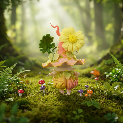Handmade daisy wisp fairy mushroom resin clay magnet with yellow daisy oak leaf and pink tendril accents in enchanted forest setting – Sylva Garden