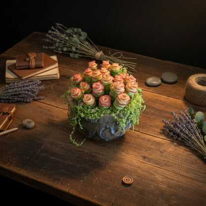 Handmade resin clay Haworthia rosette in white lotus-shaped ceramic pot with green moss on wooden desk in warm natural light – Sylva Garden