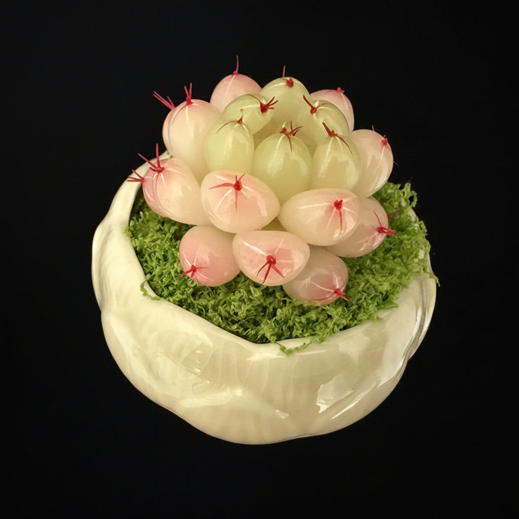 Handmade resin clay Haworthia rosette with plump translucent leaves and red tips in white lotus-shaped ceramic pot with green moss, front angled view – Sylva Garden