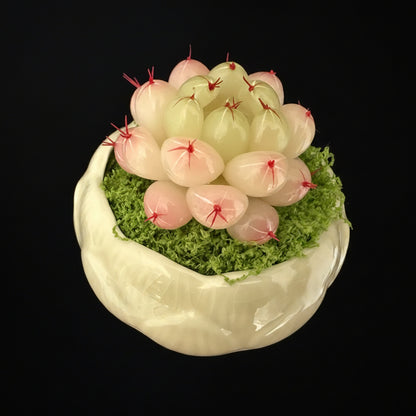 Handmade resin clay Haworthia rosette with plump translucent leaves and red tips in white lotus-shaped ceramic pot with green moss, front angled view – Sylva Garden