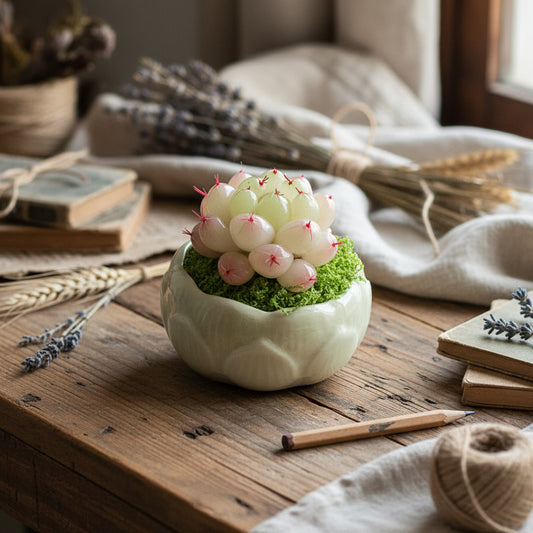 Handmade resin clay Haworthia rosette with red-tipped leaves in white lotus-shaped ceramic pot with green moss, lifestyle view on wooden desk with vintage books and dried lavender – Sylva Garden