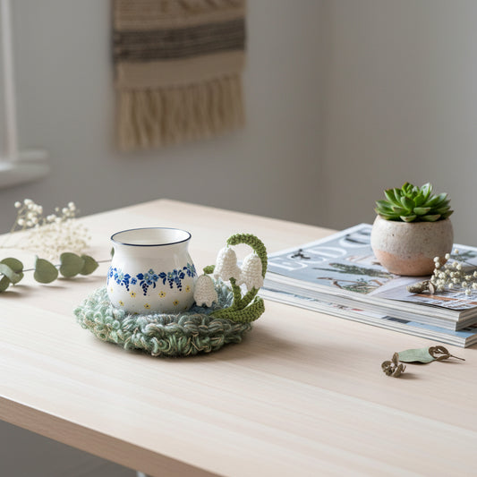 Handmade Dewbell lily of the valley crochet moss coaster styled with floral enamel mug eucalyptus and succulent on light wood desk, lifestyle view – Sylva Garden
