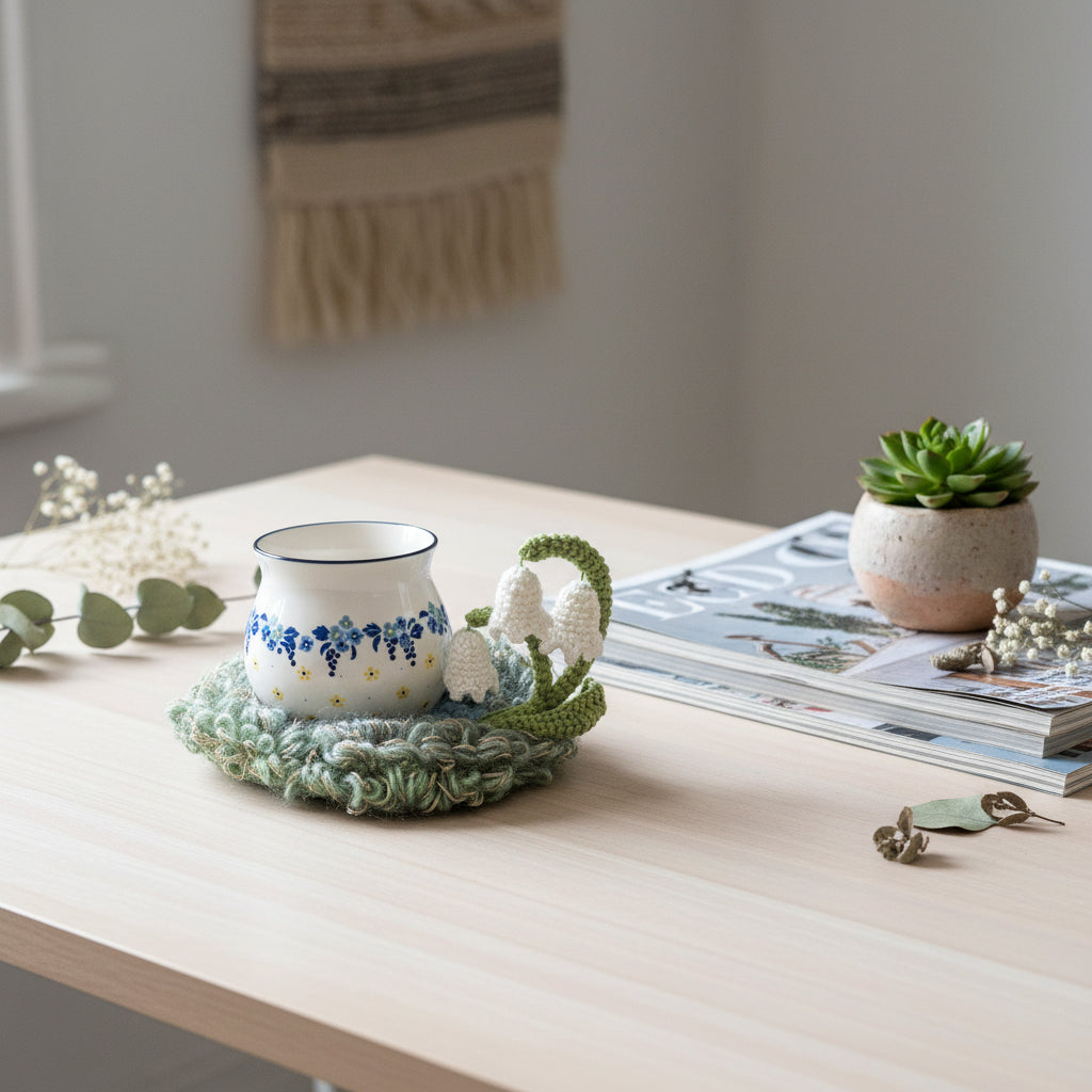 Handmade Dewbell lily of the valley crochet moss coaster styled with floral enamel mug eucalyptus and succulent on light wood desk, lifestyle view – Sylva Garden