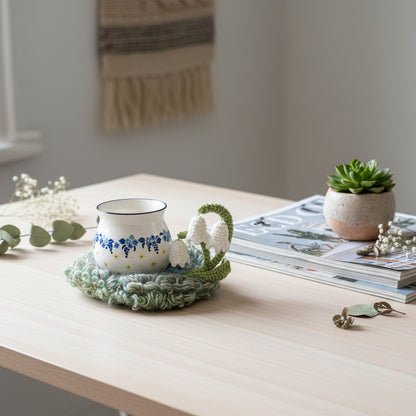 Handmade Dewbell lily of the valley crochet moss coaster styled with floral enamel mug eucalyptus and succulent on light wood desk, lifestyle view – Sylva Garden