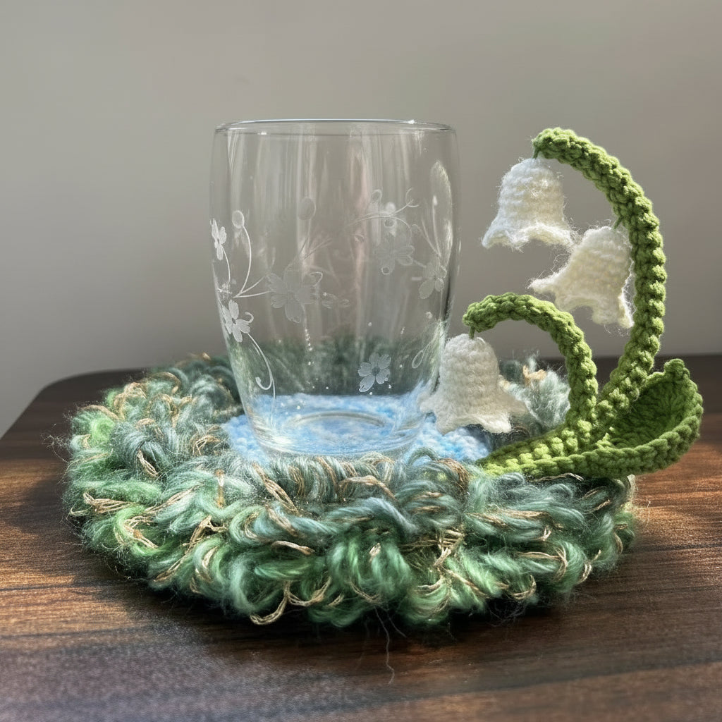  Handmade Dewbell lily of the valley crochet moss coaster in use with clear glass on wooden table, showing fluffy moss texture and white bell blooms – Sylva Garden