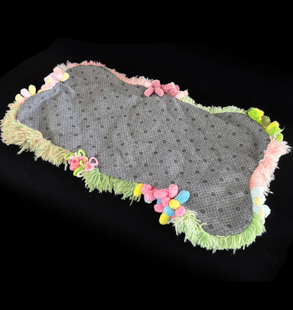 Dream River crochet moss rug — back view, handmade finish