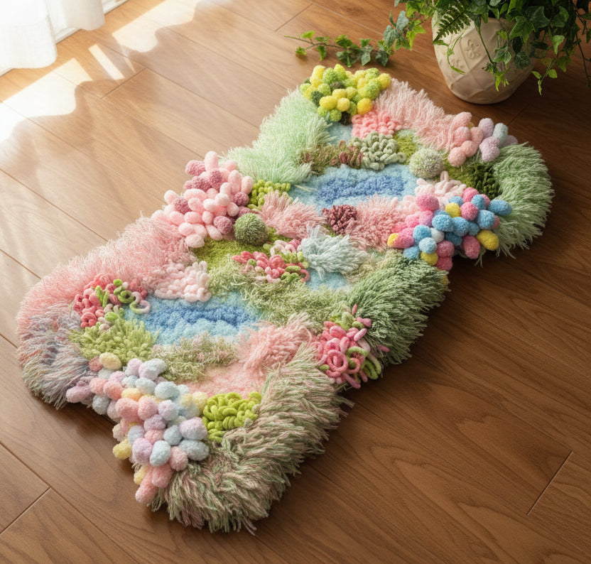 Dream River crochet moss rug — lifestyle styling, botanical cottagecore floor decor