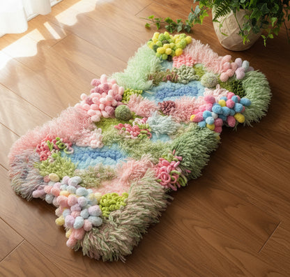 Dream River crochet moss rug — lifestyle styling, botanical cottagecore floor decor