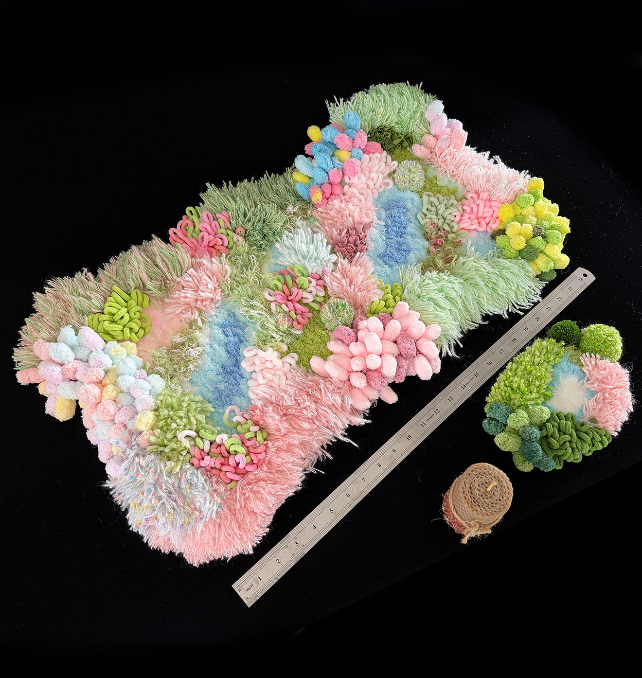 Dream River crochet moss rug — size reference, botanical floor decor by Sylva Garden