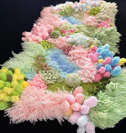 Dream River crochet moss rug — sunshine close-up, lush river-flow moss texture