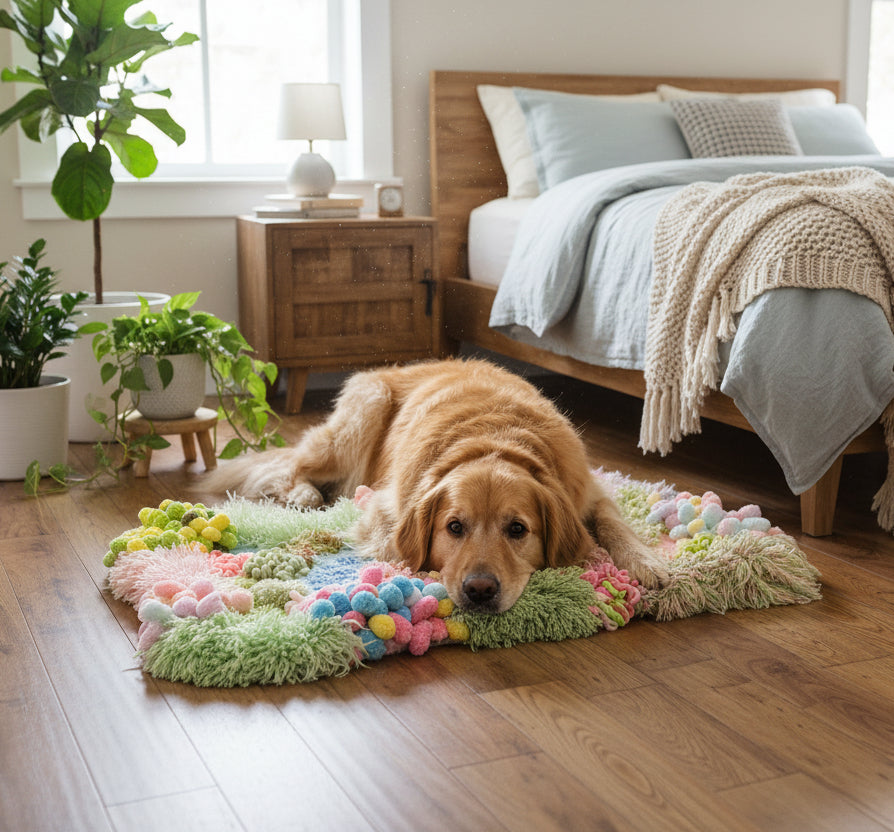 Dream River crochet moss rug — with dog, handmade botanical home decor