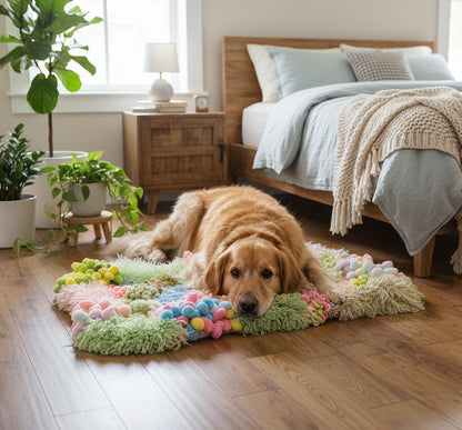 Dream River crochet moss rug — with dog, handmade botanical home decor