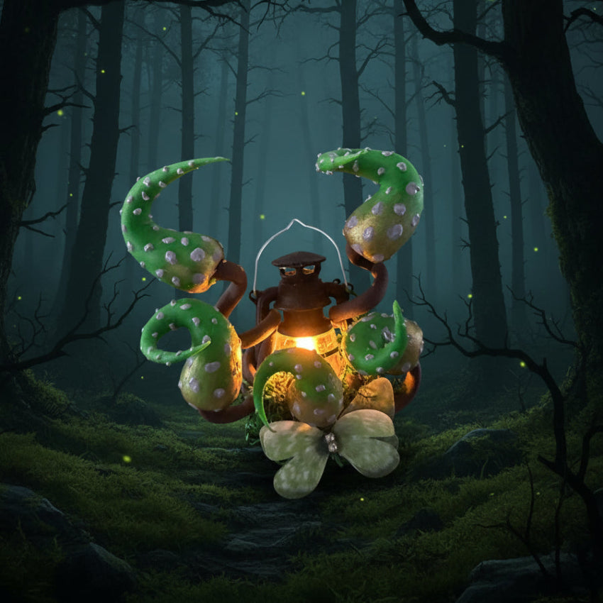 Handmade eldritch tentacle lantern resin clay magnet in dark enchanted forest setting with glowing light – Sylva Garden