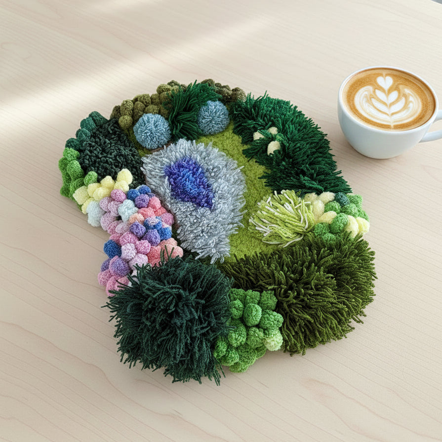 Fern Hollow crochet moss mat top view showing multi-texture botanical pattern with green fern pompom blue hydrangea and pastel flower clusters on wooden desk with latte coffee – Sylva Garden
