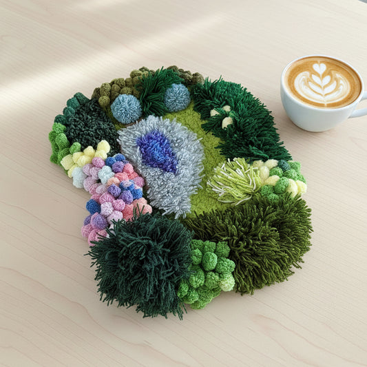Fern Hollow crochet moss mat top view showing multi-texture botanical pattern with green fern pompom blue hydrangea and pastel flower clusters on wooden desk with latte coffee – Sylva Garden