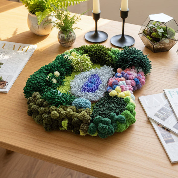 Fern Hollow crochet moss mat — lifestyle styling, botanical cottagecore floor decor