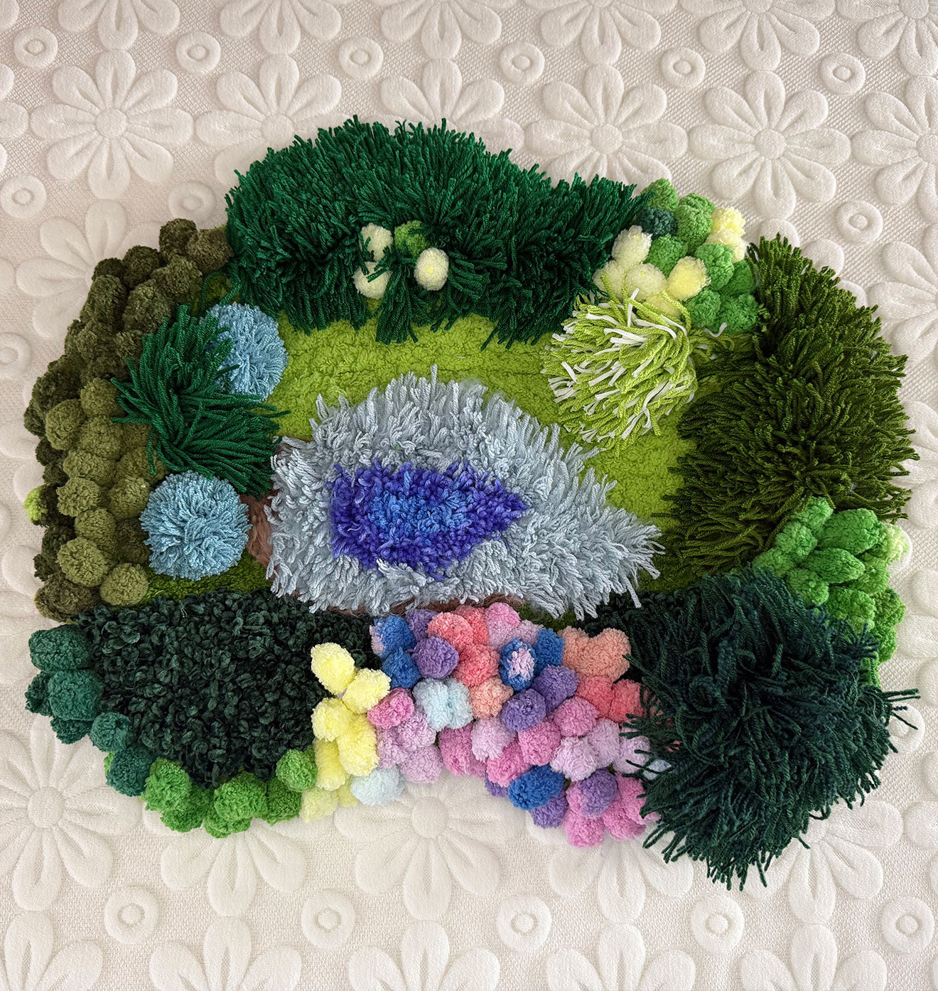 Fern Hollow crochet moss mat — top view, full botanical pattern