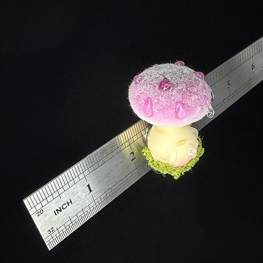Handmade fluffy russula resin clay fridge magnet in purple with fuzzy cap and moss base, overhead view with ruler approx 1 inch – Sylva Garden