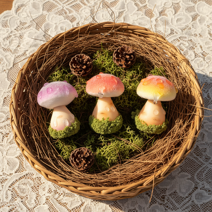 Handmade fluffy russula resin clay fridge magnets in purple pink and yellow displayed in wicker basket with moss and pine cones – Sylva Garden