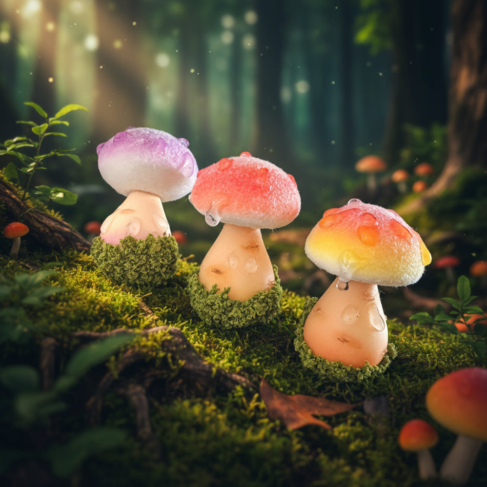 Handmade fluffy russula resin clay fridge magnets in purple pink and yellow in enchanted forest moss setting – Sylva Garden