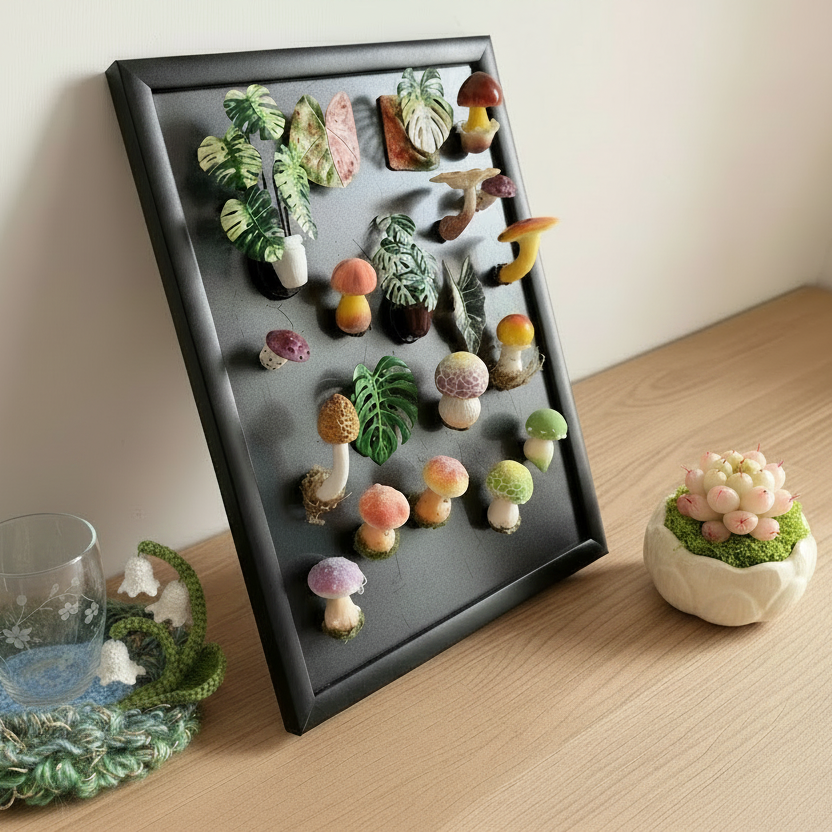 Handmade fluffy russula resin clay fridge magnets styled in nordic home setting with coaster and succulent plant – Sylva Garden