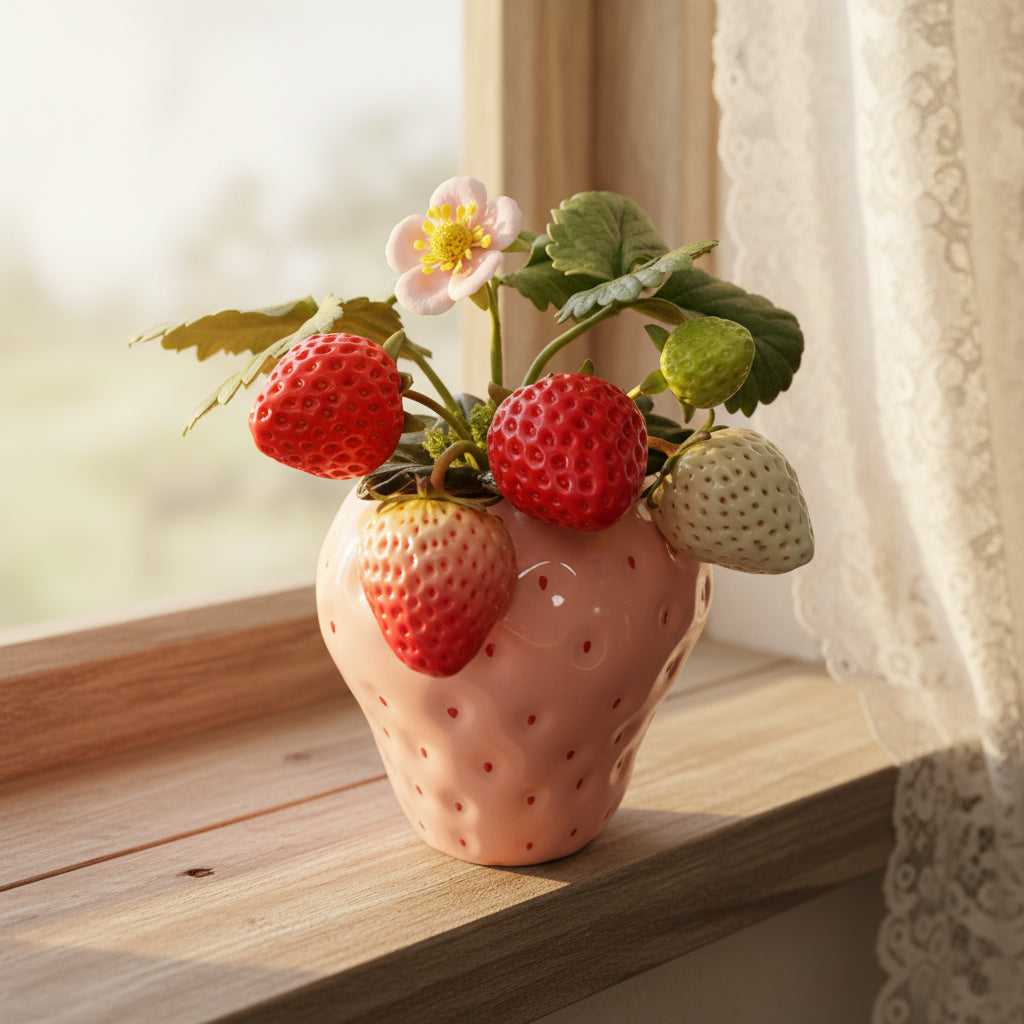 Handmade clay strawberry arrangement angled view highlighting white pineberry and green unripe clay strawberry detail with pink blossom in pink strawberry ceramic pot – Sylva Garden