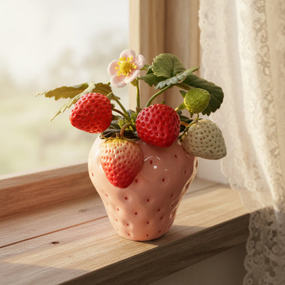 Handmade clay strawberry arrangement angled view highlighting white pineberry and green unripe clay strawberry detail with pink blossom in pink strawberry ceramic pot – Sylva Garden