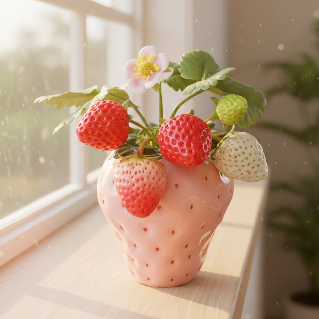 Handmade clay strawberry arrangement in pink strawberry-shaped ceramic pot with red white and green clay strawberries pink blossom and green leaves, lifestyle view on sunny windowsill – Sylva Garden