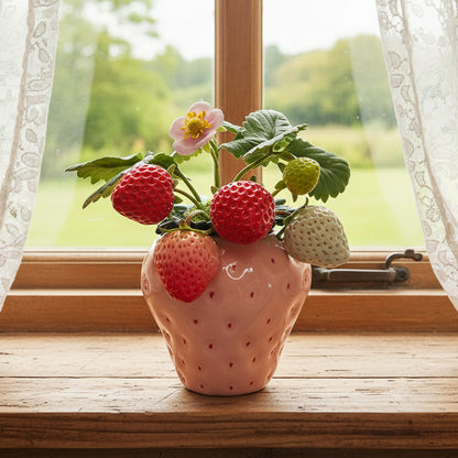 Handmade clay strawberry arrangement profile view showing full pink strawberry-shaped ceramic pot with red white and green clay strawberries and pink blossom – Sylva Garden