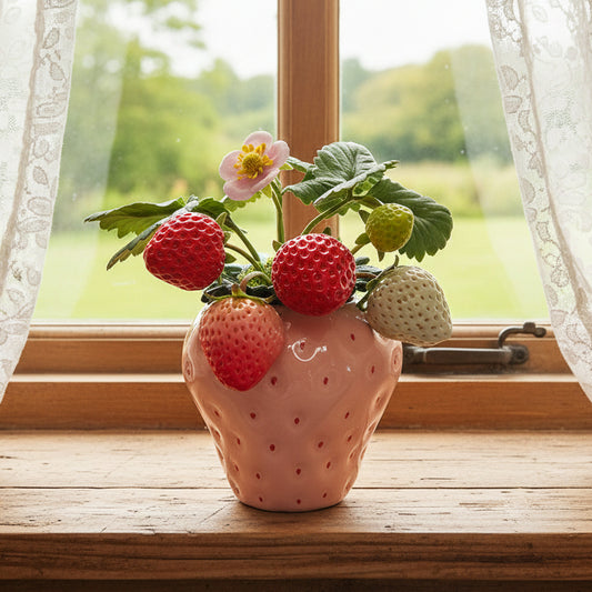 Handmade clay strawberry arrangement profile view showing full pink strawberry-shaped ceramic pot with red white and green clay strawberries and pink blossom – Sylva Garden