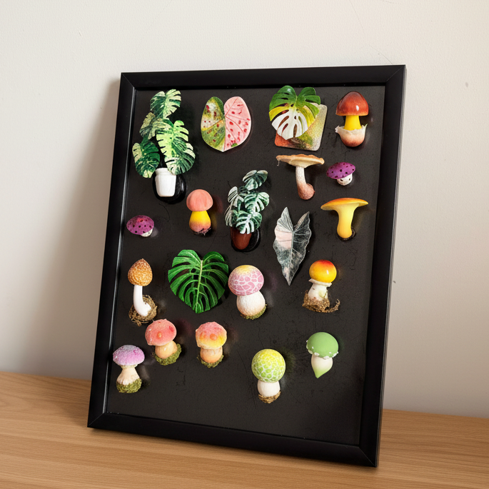 Handmade resin clay fridge magnet collection displayed on black board, featuring monstera, mushroom and leaf designs – Sylva Garden