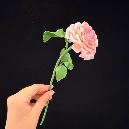 Handmade resin clay pink rose bouquet side view showing green stem and leaf arrangement – Sylva Garden