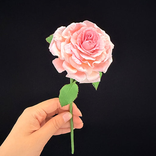 Handmade resin clay pink rose single stem with green leaves, full length view – Sylva Garden