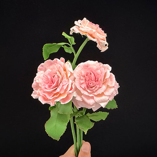 Handmade resin clay pink rose trio bouquet showing three full blooms and green leaves, no vase – Sylva Garden