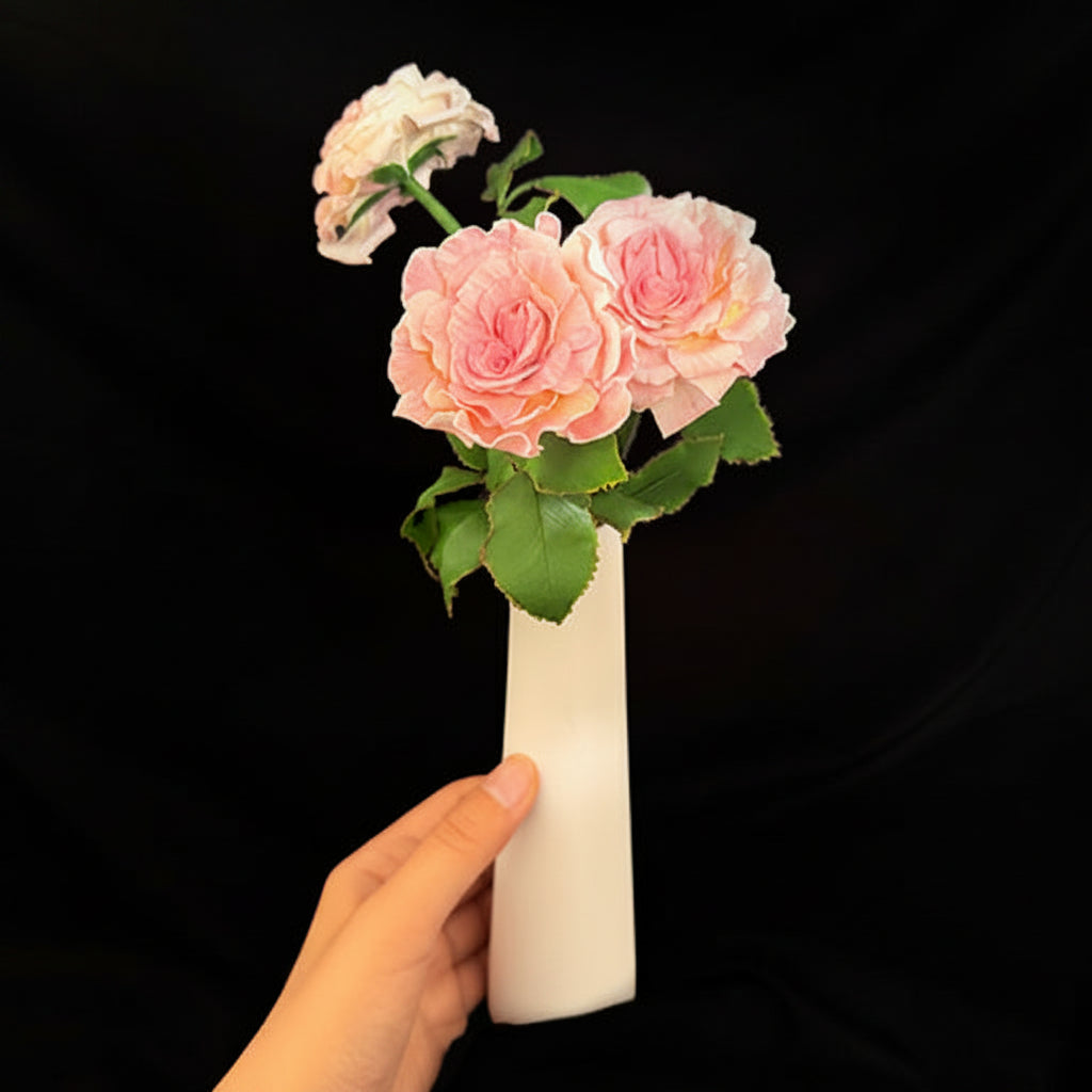  Handmade resin clay pink rose trio with white ceramic vase, front view showing three full blooms and green leaves – Sylva Garden