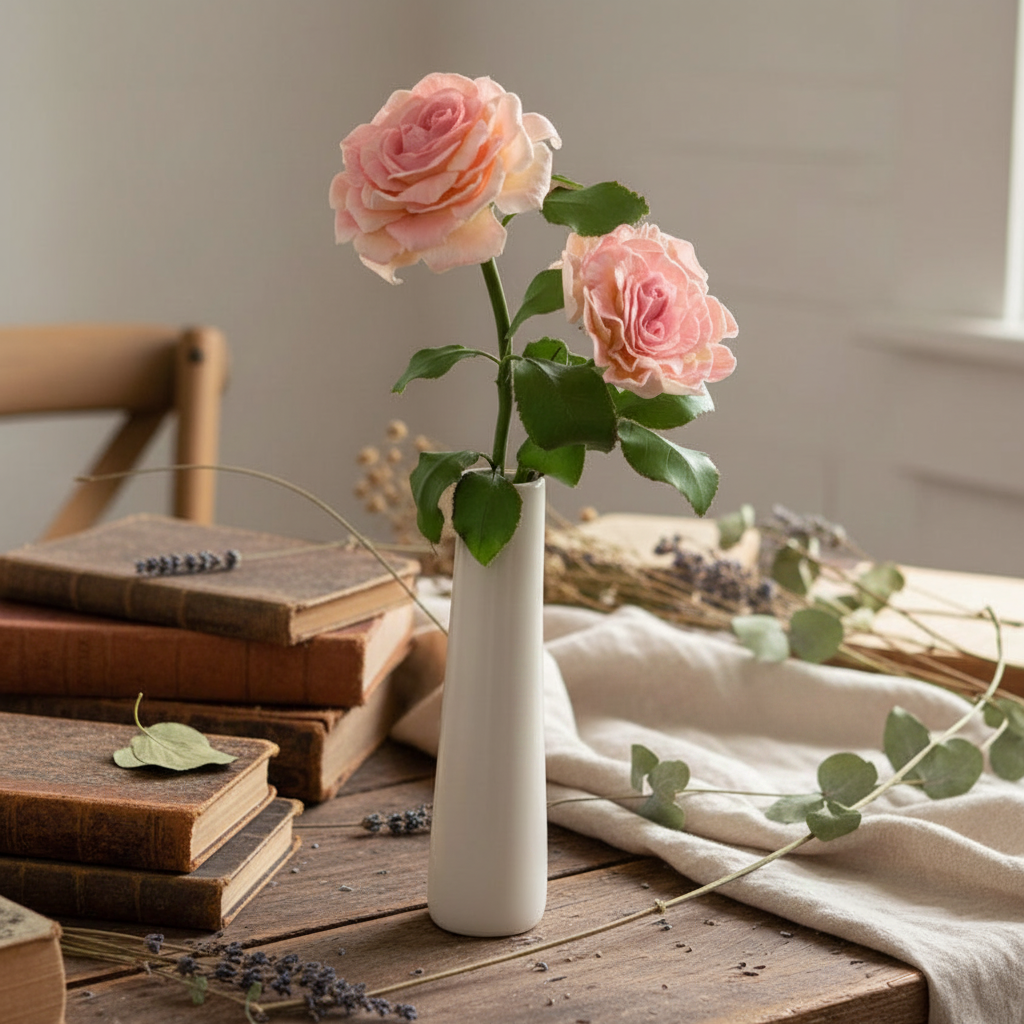 Handmade resin clay pink rose trio in white ceramic vase, styled with vintage books and dried lavender on wooden desk – Sylva Garden